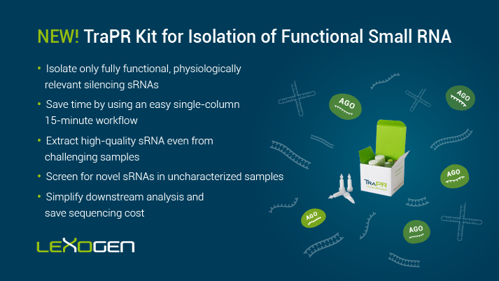 lexogen's tweet photo. Tired of tedious gel extraction and wasting your sequencing reads on non-functional small RNAs? We are happy to introduce you to our new #TraPR kit for the isolation of functional #smallRNA: https://t.co/8Q2nBhms1h
#weloveRNA #sRNAisolation https://t.co/fo4stO225x