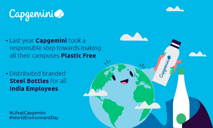 CapgeminiIndia's tweet photo. It takes thousands of years for a plastic bottle to break down. To
make all our campuses plastic free and to reduce the use of single use plastic, we distributed steel bottles for all our employees across India. #WorldEnvironmentDay #EnvironmentWeek2020 https://t.co/10ig2NvAKl