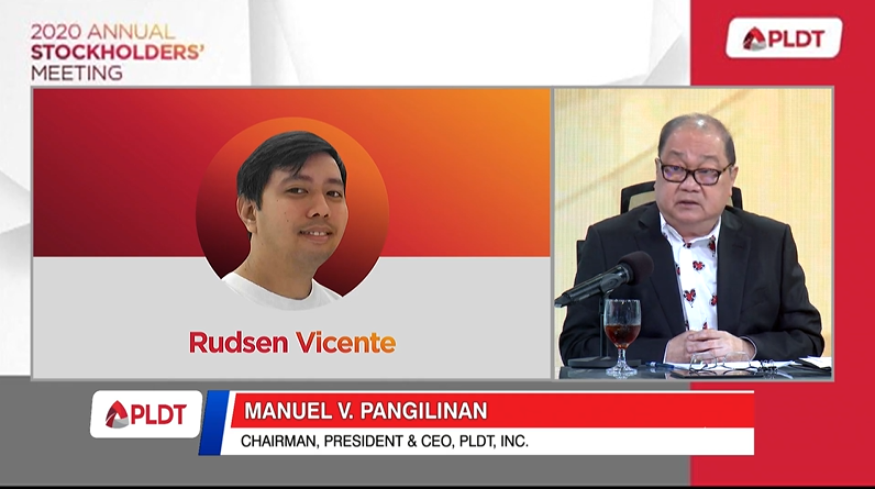 pldt's tweet photo. Pangilinan thanks and pays tribute to PLDT-Smart's frontliners like Rudsen Vicente, who manned our hotline services at PLDT’s Sampaloc Exchange; Rosemarie Tirones, customer care leader serving Visayas and Mindanao; and Ramel Miñoza, a tower rigger in Cebu for Smart. #PLDT2020ASM https://t.co/x8MndC3rE6