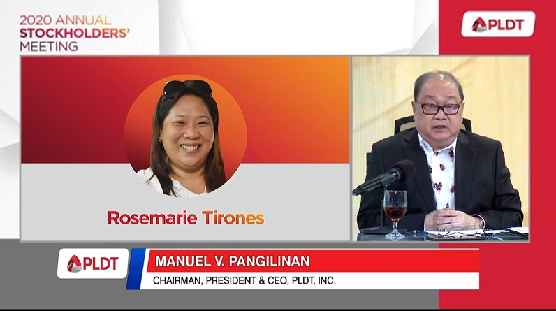 pldt's tweet photo. Pangilinan thanks and pays tribute to PLDT-Smart's frontliners like Rudsen Vicente, who manned our hotline services at PLDT’s Sampaloc Exchange; Rosemarie Tirones, customer care leader serving Visayas and Mindanao; and Ramel Miñoza, a tower rigger in Cebu for Smart. #PLDT2020ASM https://t.co/x8MndC3rE6