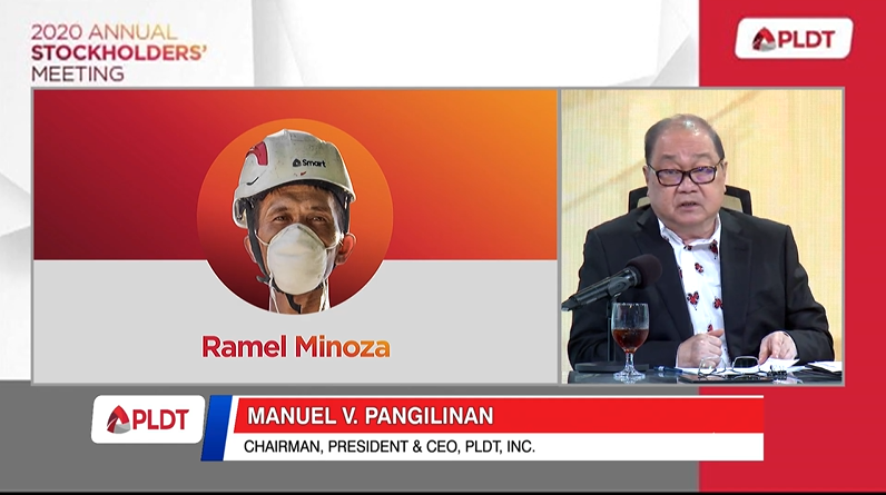 pldt's tweet photo. Pangilinan thanks and pays tribute to PLDT-Smart's frontliners like Rudsen Vicente, who manned our hotline services at PLDT’s Sampaloc Exchange; Rosemarie Tirones, customer care leader serving Visayas and Mindanao; and Ramel Miñoza, a tower rigger in Cebu for Smart. #PLDT2020ASM https://t.co/x8MndC3rE6