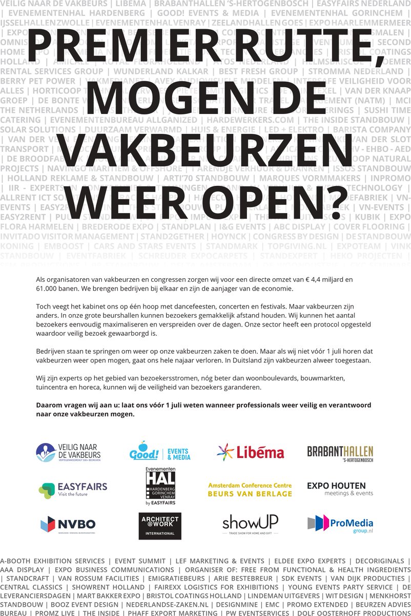 Paginagroot in het FD en de Telegraaf! Organisatoren van vakbeurzen en congressen zorgen voor € 4,4 miljard omzet en 61.000 banen. We brengen bedrijven samen en zijn aanjager van de economie. Bouwmarkten en tuincentra zijn open, waarom wij niet? Steun ons met #wijwillenzakendoen
