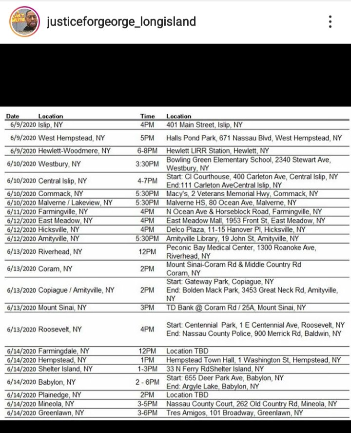 EpicProsaic's tweet photo. Here is info for Long Island protests today
Tuesday June 9
plus further into the week & beyond. Thank you to the Instagram page
@ justiceforgeorge_longisland
for this & daily info! #BlackLivesMatter
#LongIsland #LongIslandProtest #LIProtests #NewYorkProtests #BLM #Protest https://t.co/Ta8pW2STNU
