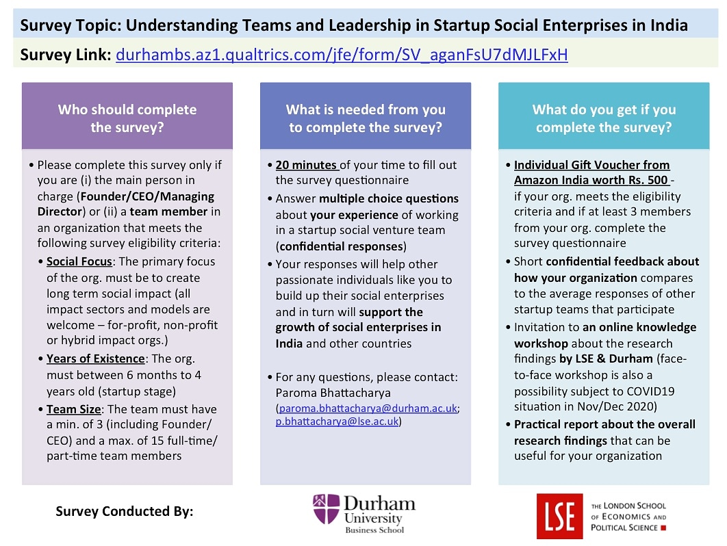 MASH_Project's tweet photo. #EcosystemPost
Survey Request for Social Startup Teams in India by London School of Economics (LSE) and Durham University Business School: https://t.co/4zvn7Qngcv (Participation Gift Vouchers from Amazon India available) https://t.co/tkUglbNIRq