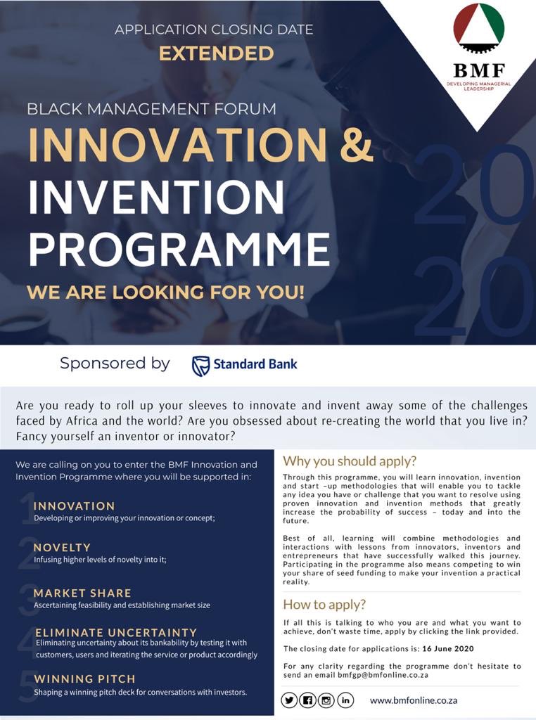 In the BMF Innovation &amp; Invention Programme you will learn innovation, invention &amp; start-up methodologies that enable you to tackle any idea or challenge in a scientific method that greatly increases the possibility of successes 
Apply now: membership.bmfonline.co.za/page/BMFIIP

#BMFInnovation
