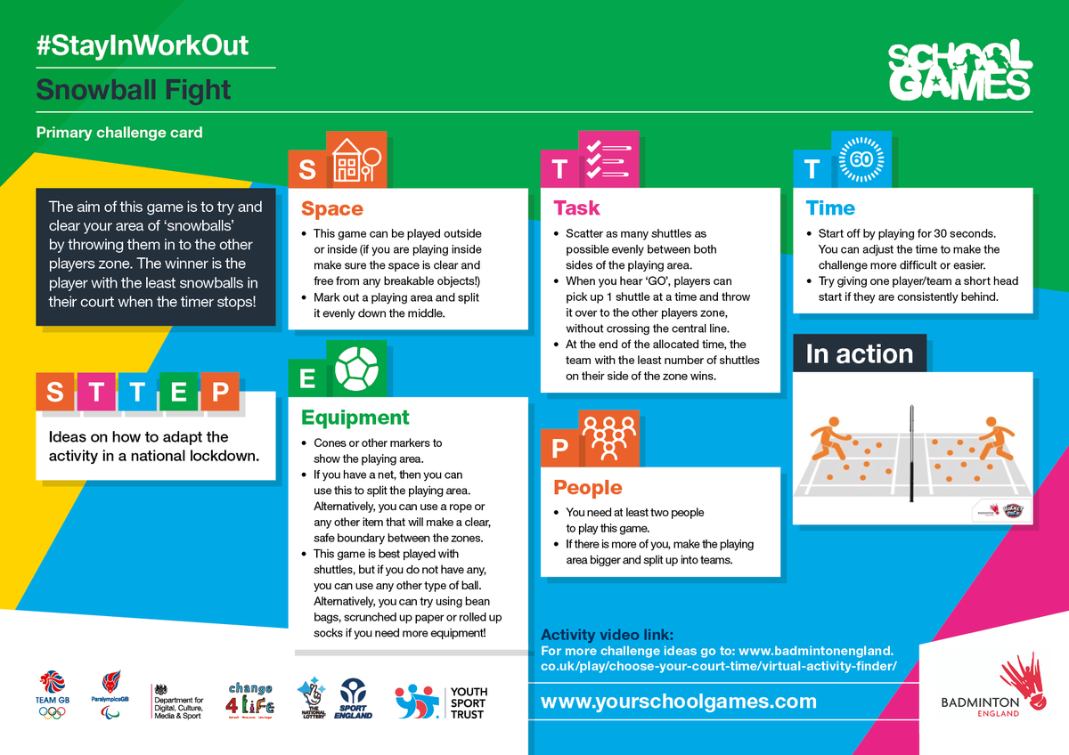 School Games (@yourschoolgames) on Twitter photo Who's up for a snowball fight? No, we haven't taken the change in weather too far! Our friends at <a href="/BadmintonEnglnd/">Badminton England</a> have provided today's activity card for you to try - clear your area of the most snowballs before the timer runs out to win!  bit.ly/SGNGBAC #StayInWorkOut Who's up for a snowball fight? No, we haven't taken the change in weather too far! Our friends at <a href="/BadmintonEnglnd/">Badminton England</a> have provided today's activity card for you to try - clear your area of the most snowballs before the timer runs out to win!  bit.ly/SGNGBAC #StayInWorkOut
