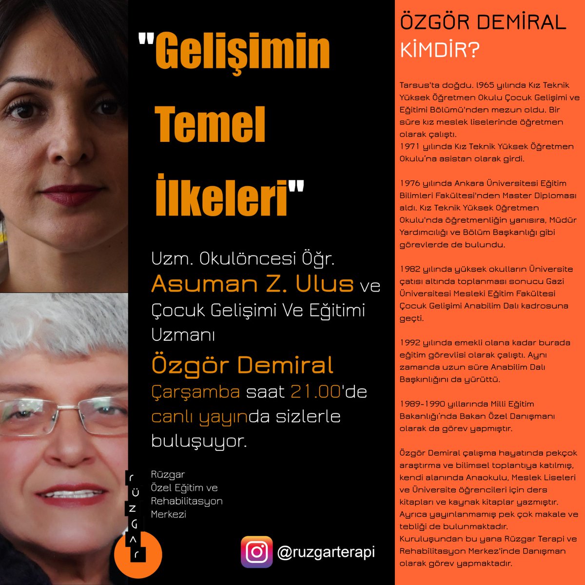 RuzgarTerapi's tweet photo. Uzm.Okulöncesi Öğr.Asuman Z. Ulus ve Çocuk Gelişimi/Eğitimi Uzm. Özgör Demiral, "GELİŞİMİN TEMEL İLKELERİ"ni canlı yayında sizler için konuşacaklar. ✌️ Canlı yayınımız Çarşamba saat 21.00'de 🕒 gerçekleşecektir. 🤗

#ruzgarterapi #otizm #downsendromu #mentalretardasyon #sp #cp https://t.co/iu1MvIw7Ng