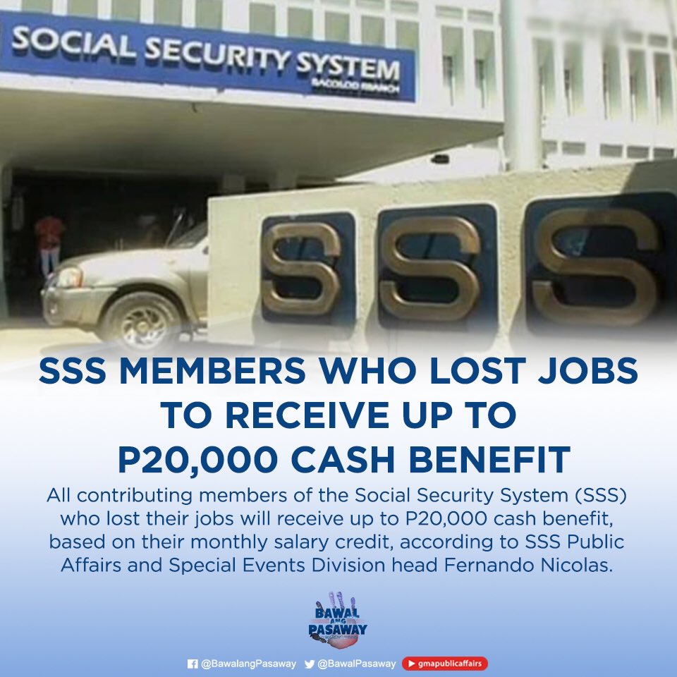 BawalPasaway's tweet photo. "Up to 20,000 o katumbas po ito ng one month salary credit. Halimbawa, ang isang miyembro ay naghuhulog ng para sa P20,000 monthly salary credit, makakakuha po siya ng ganung halaga,” pahayag ni SSS Public Affairs and Special Events Division head Fernando Nicolas. https://t.co/NsArYERGJQ