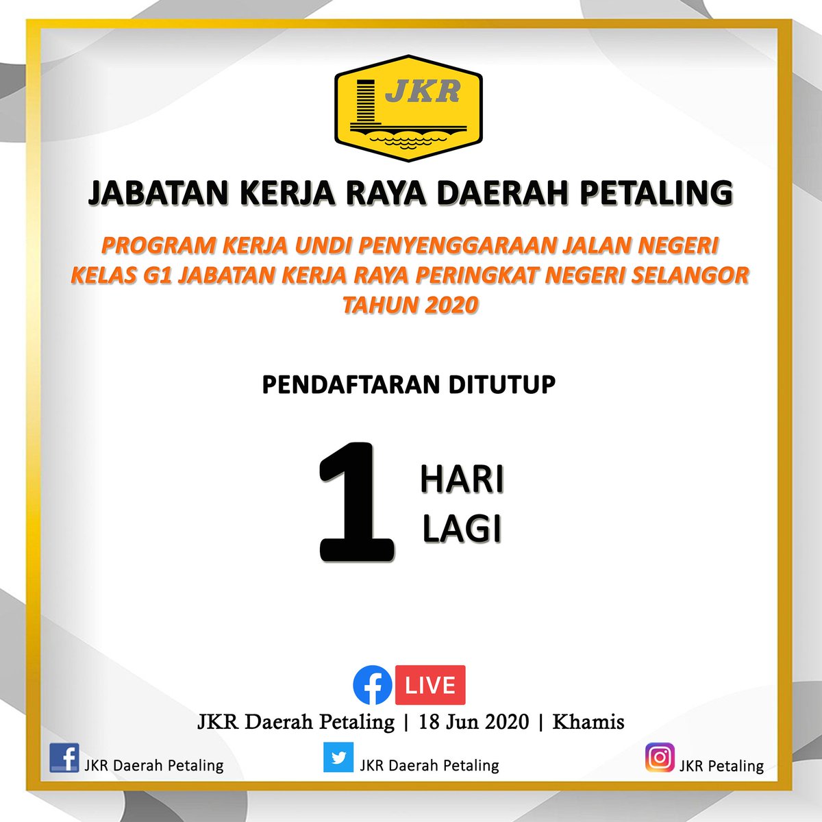 Pendaftaran Kerja Undi Penyenggaraan Jalan Kelas G1 Jabatan Kerja Raya Petaling Peringkat Negeri Selangor Tahun 2020 akan ditutup pada 10/6/2020 jam 8.00 pagi. Ikuti kami di channel telegram t.me/jkrpetaling untuk mendapatkan pautan pendaftaran.
<a href="/JKRSelangor/">JKR Selangor</a> <a href="/irshahabuddin/">shahabuddin</a>