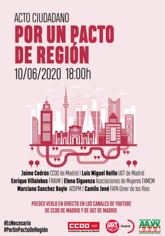 CCOOMadrid's tweet photo. Reconstrucción // #Madrid🔴Acto Ciudadano: 
➡️Por un Pacto de Región 

Mañana miércoles a las 18h. Puedes seguirlo en https://t.co/31GRkfpfwB

#PorUnPactodeRegion

Más info 👉 https://t.co/PFTl0xcnyT https://t.co/wFqeKg1G3v