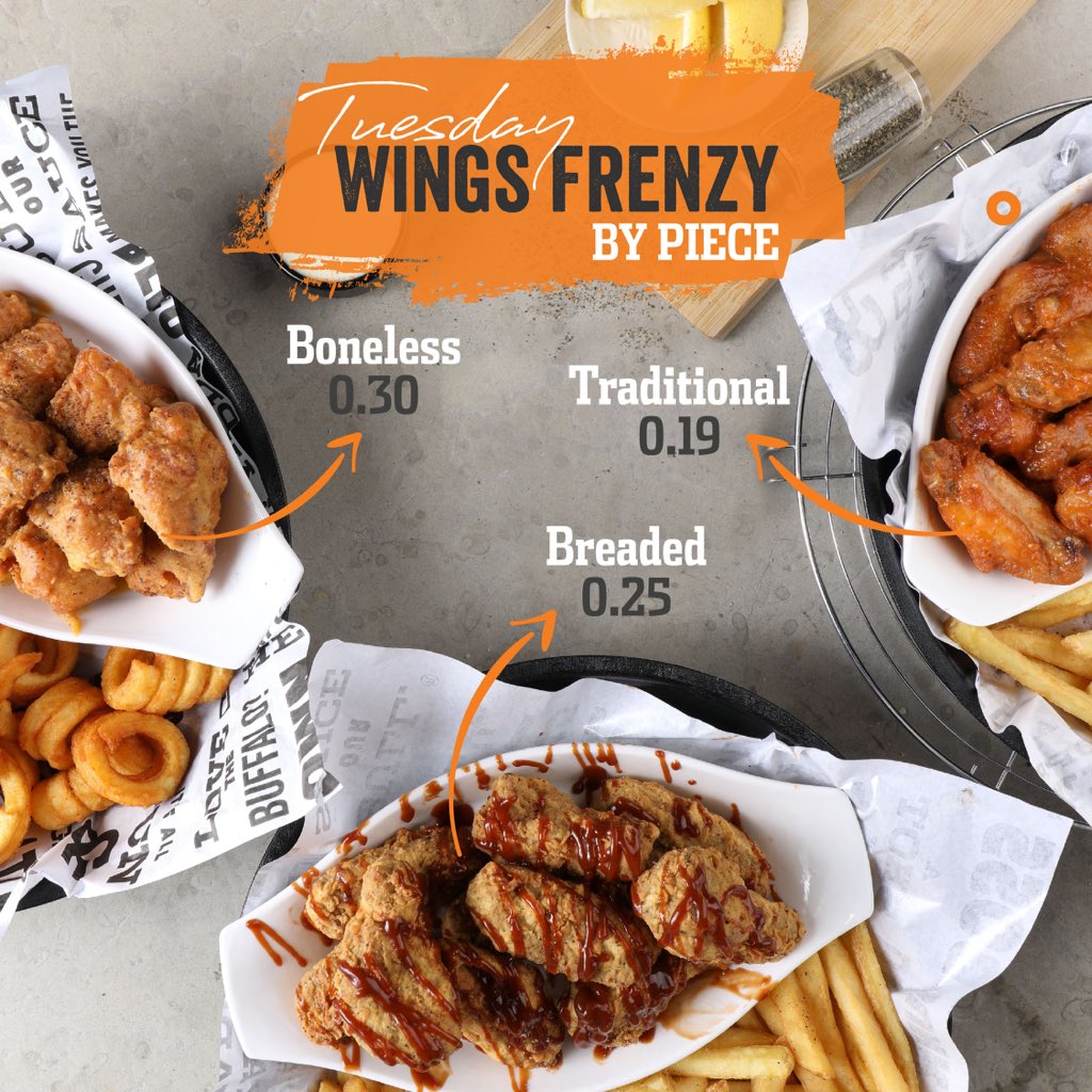 begå Nord Vest Politisk Buffalo Wings & Rings - Jordan on Twitter: "TUESDAY WINGS FRENZY is BACK  and it misses you too! Order your favorite wings with your favorite sauce  TODAY🧡 🔸From 12 PM - 11