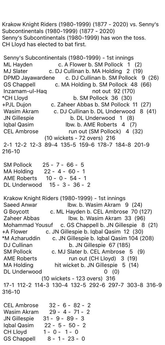 AllStarWTC's tweet photo. KKR gained an early advantage of the Subcontinentals in the 1st Test of the #ASWTC final. Pollock helped roll the Subs for 216 and 158, taking 5 in each innings. Azharuddin’s ton gave KKR a commanding 1st innings lead and they chased 59 for the loss of 1 wicket. MOTM: Pollock https://t.co/e1aGsBBfQP