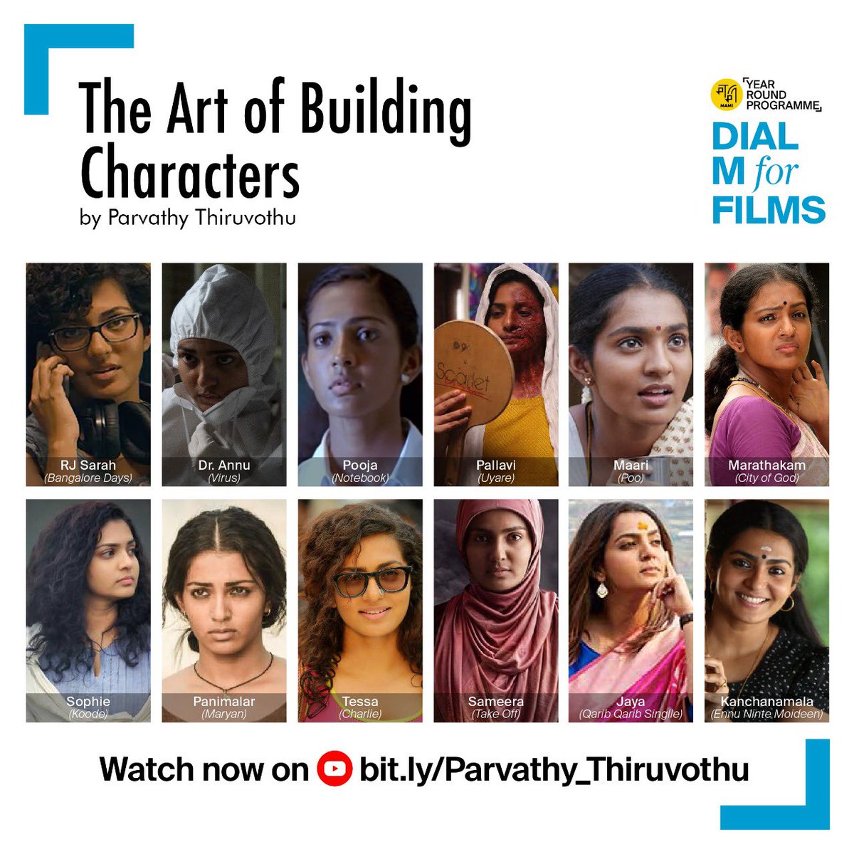 MumbaiFilmFest's tweet photo. The indomitable @parvatweets #ParvathyThiruvothu on #TheArtofBuildingCharacters. Thank you for creating this invaluable blueprint for the industry, audience and aspiring film professionals. https://t.co/5yaiaZjPOS #DialMForFilms #MAMIYearRoundProgramme #KnowledgeSeries https://t.co/du8zKsdtnS