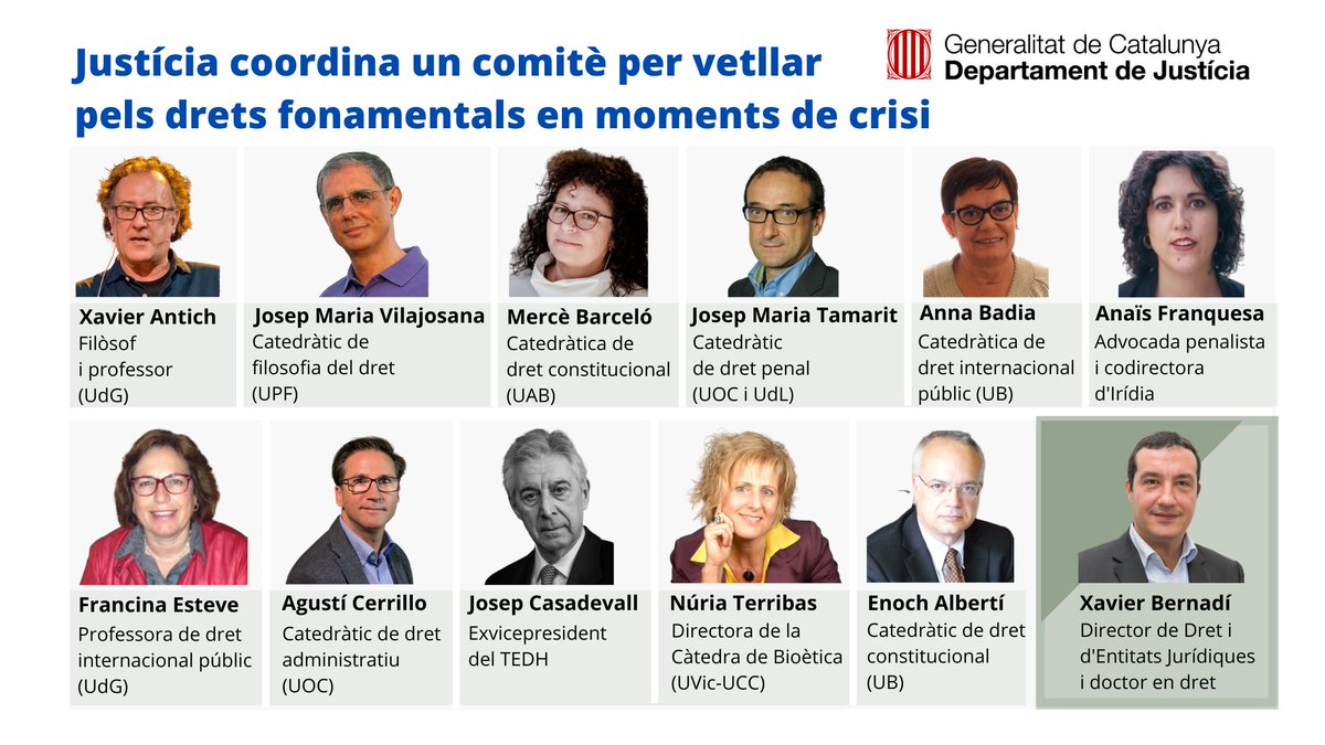 justiciacat's tweet image. 🤚 Justícia coordina un comitè per protegir els #DretsFonamentals en situacions d'emergència.

🙍‍♀🙍‍♂ Paritari
👩‍🎓 Independent

⚖ Equilibri entre mesures de #seguretat i #llibertats civils

1r informe  🔜aquesta tardor

📲 bit.ly/2YarJ5e