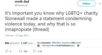 And there was an outcry from trans rights activists. Stonewall was a riot, they said!And so Stonewall's comment condemning violence was taken down and it can no longer be seen.