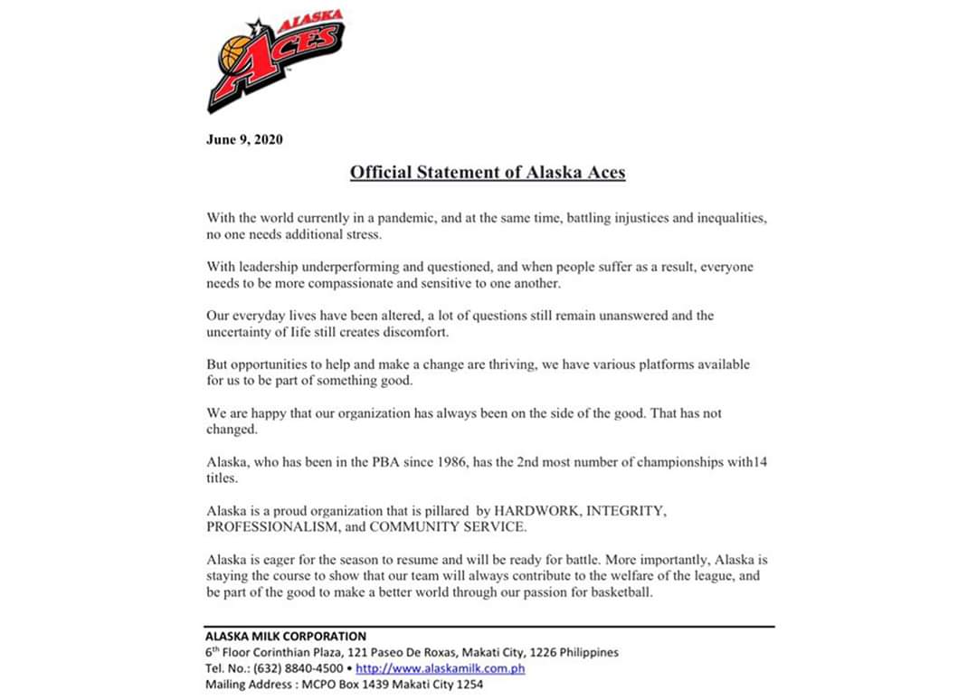 Amidst reports saying that they are leaving the PBA, the Alaska Aces made it known that they are here to stay, and are eager to take the court again once the league's 45th season resumes. 

📷 Alaska Aces