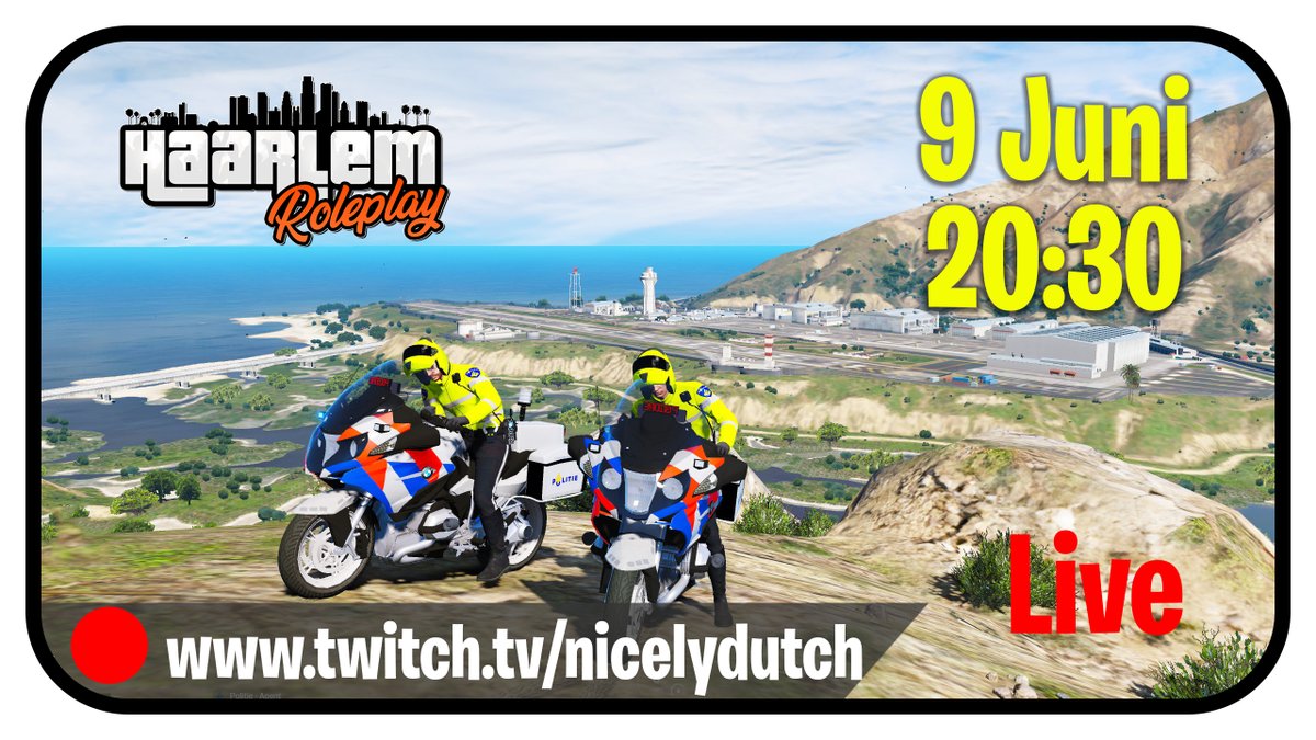 Yes! Vanavond 9 Juni om 20:30uur Live! We spelen FiveM HaarlemRP. Hoofdagent Jantje draait een dienst met Comm B! Kijk jij ook gezellig mee op: twitch.tv/nicelydutch Dat wordt weer lachen. Ik hoop je vanavond te zien in de chat. #nicelydutch #FiveM #roleplay #politie #agent