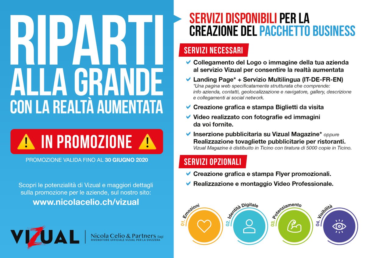 NicolacelioP's tweet photo. ❗️PROMOZIONE❗️ fino al 30 Giugno!!! RIPARTIAMO ALLA GRANDE INSIEME 🤩
La digitalizzazione è un tema sempre più importante, scegli la REALTA' AUMENTATA di VIZUAL, per far parte di un mondo rivoluzionario 💥
Scopri la promozione su https://t.co/qbS5AjDXAR https://t.co/e0ihCSv7GU