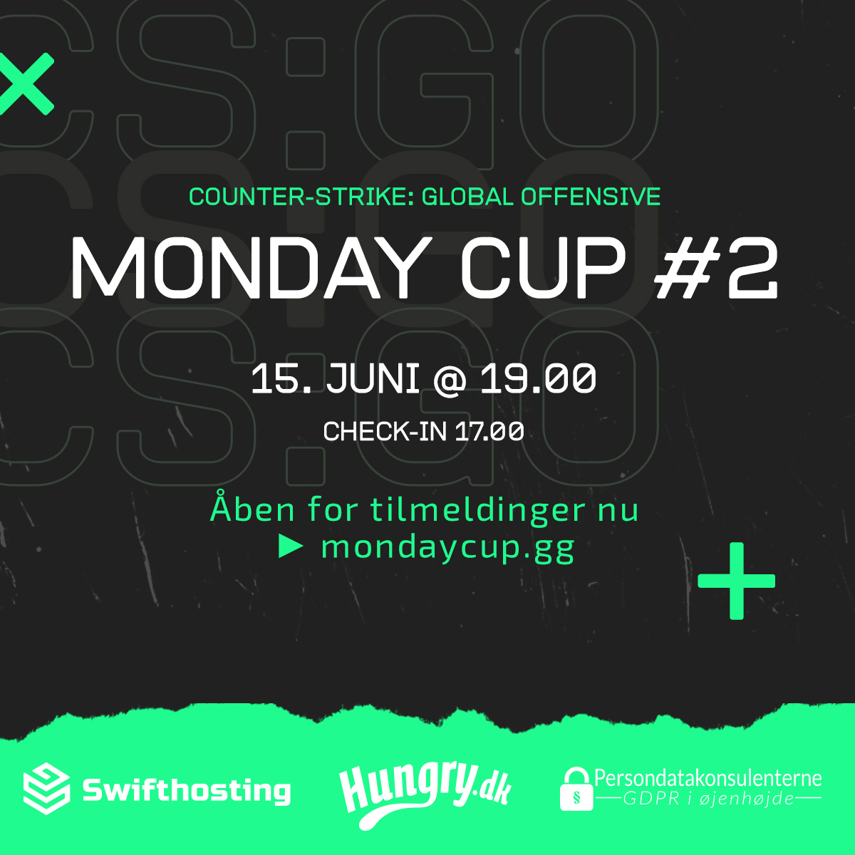 TILMELDINGEN ER ÅBEN!
Vi er nu klar med tilmelding til Monday Cup #2.

Først til mølle. Plads til 16 hold. Rig mulighed for at fyre nogle hovedskud!💚

Tilmeld jeres hold på:
ᐅ mondaycup.gg

Kig forbi Discord på:
ᐅ mondaycup.gg/discord