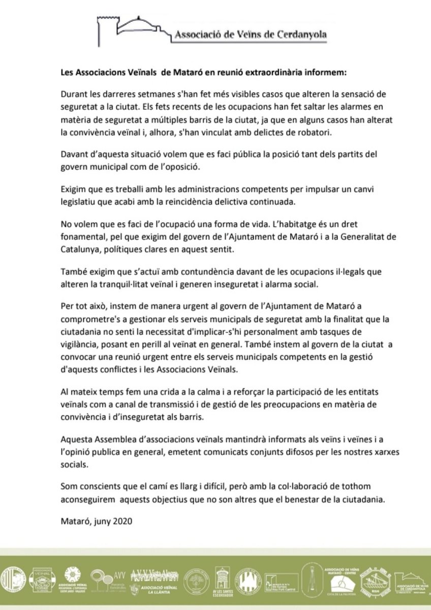 Las Asociaciones de Vecinos de <a href="/matarocat/">Ajuntament de Mataró</a> #Mataro ACUERDAN y MANIFESTAN conjuntamente este COMUNICADO 📝 <a href="/ParticipaMataro/">Participació Mataró</a> <a href="/MataroNoticies/">Mataró Notícies (inactiu)</a> <a href="/PACCMataro/">P.A.C.C. Mataró</a> <a href="/EP_mataro/">EL PERIÓDICO Mataró</a> <a href="/Capgros/">Capgròs</a> <a href="/totmataro/">El Tot Mataró i Maresme</a> <a href="/MaresmeLV/">Maresme LV</a> #EntitatsdesdeCasa ⛑️