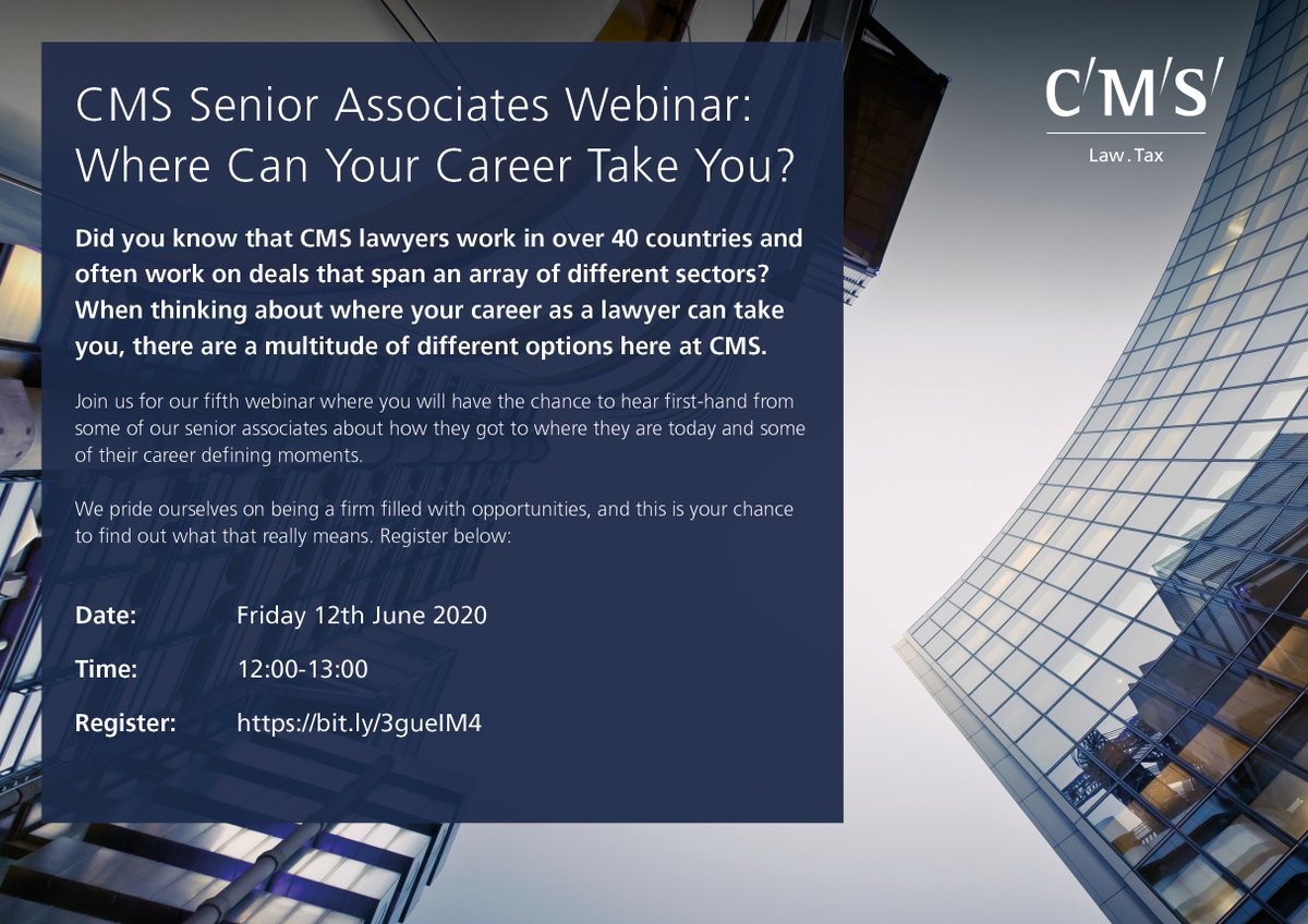 Don't forget to sign up to our next webinar which focuses on our Senior Associates. They'll be discussing how they got to where they are today and some career highlights, a session not to be missed! 

Date: Friday 12th June
Time: 12:00-13:00pm
Register: bit.ly/3gueIM4