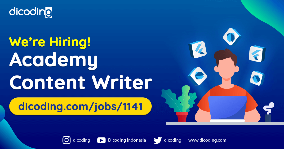 dicoding's tweet photo. @hrdbacot titip loker IT ini min.. Syarat: jago Flutter. Bisa nulis dlm bahasa Indonesia yang baik. Kerjanya remote (PSBB). Full time. 

Kali aja ada temen #mincot yang membutuhkan. Nuhuun https://t.co/G4wIXRVvQl