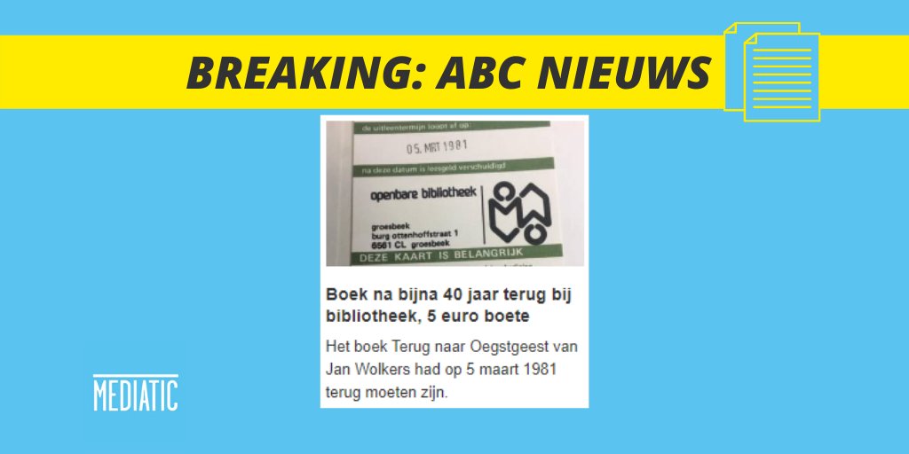 Het #ABCNieuws van vandaag: #oepsvergeten. Boek veertig jaar te laat ingeleverd bij bieb, maar liefst vijf euro boete! nos.nl/artikel/233664… #AllesBehalveCorona #sorry #telaat