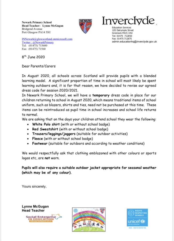 IctNewark's tweet photo. A letter to parents &amp; carers regarding school dress code for session 2020/2021 from Mrs McGugan! 😁❤️ https://t.co/IaFfGMQfIA