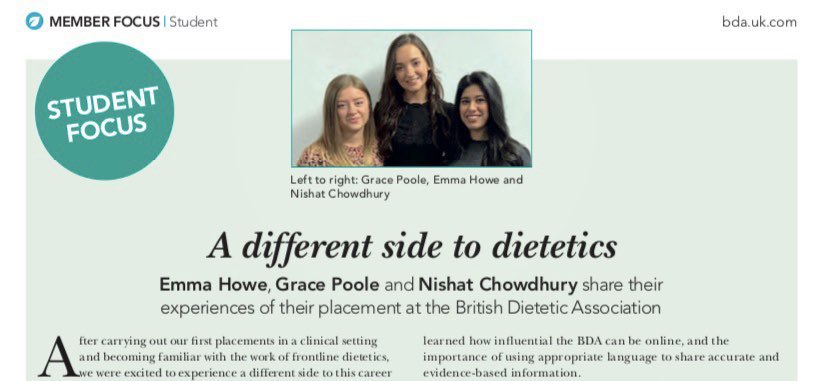 Myself, <a href="/Nishat_S_C/">Nishat.C</a> and @GracePoole30 share our insightful placement experience spent at the <a href="/BDA_Dietitians/">British Dietetic Association</a> offices in an article in this months Dietetics Today🥳Thank you to <a href="/ElleJohnstoneRD/">Eleanor</a>, @ChloeAdams__UK  and the lovely team for being so supportive during our time there 💙