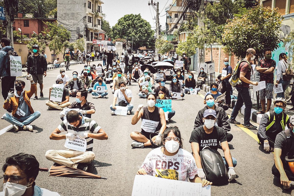 RONBupdates's tweet image. Youths from Kathmandu organized a Physically distanced peaceful protest to demand for more PCR tests and better management overall of this COVID-19 Crisis. They were later interrupted by the police using Water Canon and Lathi Charge.

Photo: Shashank Shrestha