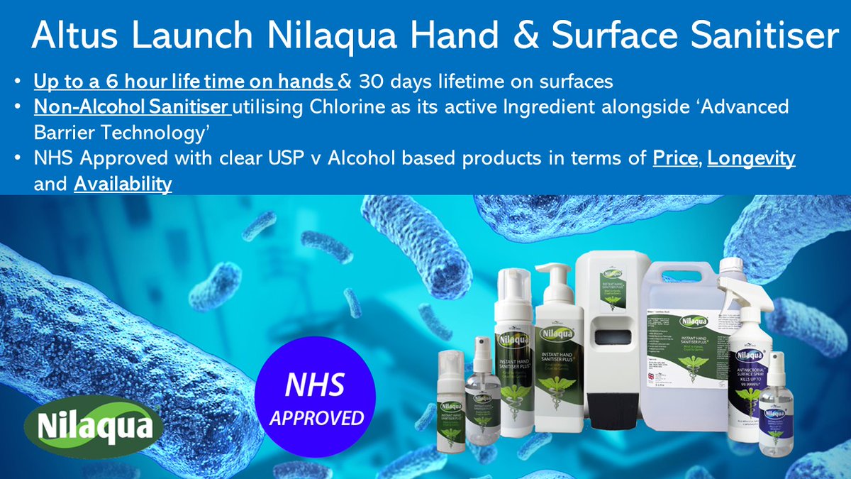 We bring you Nilaqua! A sanitiser active on hands for up to 6 hours and surfaces for 30 days (scientifically proven) with no alcoholic content. More effective than alcohol, cheaper, safer, user friendly &amp; NHS approved!

Learn more at : altusgroup.co.uk/nilaqua
#sanitiser #Nilaqua