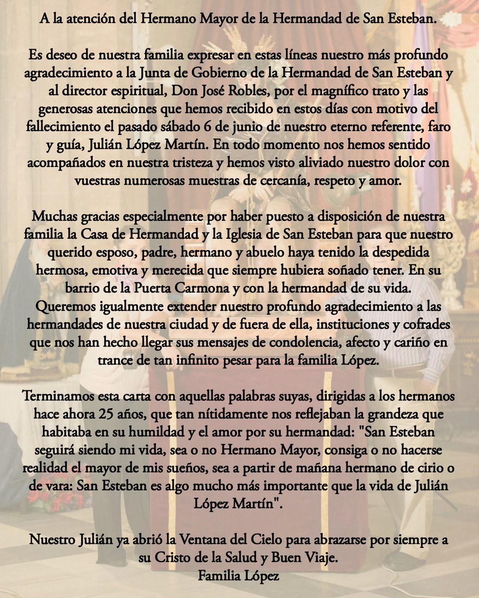 A petición de la familia López Martínez, hacemos pública la carta de  agradecimiento remitida por nuestra hermana Doña Charo López., image size:961x1200