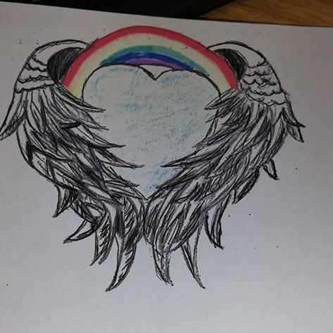 My colleague Jo Dobison-Hall drew this wonderful symbol to represent Funeralcare staff's experience.  The blue heart is the loss felt by our clients, the angel wings are the love and support we give in funeralcare, and the rainbow is the hope that we take forward. Just amazing.
