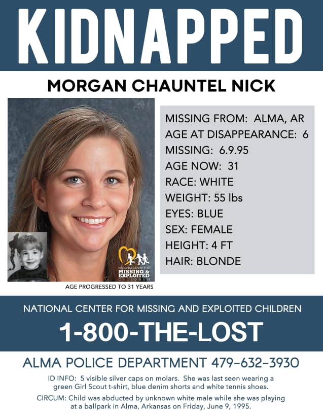 GregYarbrough's tweet image. It's hard to believe it's been 25 years since Morgan Nick was kidnapped from Alma. Someone knows something.  Retweet this to help solve her disappearance! #ARnews