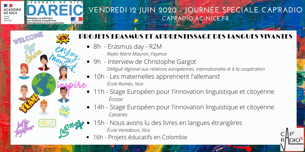 DRAREIC_PACA's tweet photo. ⁦@ErasmusplusFR⁩ ⁦@eTwinningFrance⁩ ⁦@DareicAM⁩ ⁦@Canope_83⁩ ⁦@Canope_06⁩ ⁦@LfeeEurope⁩ #formation #langues étrangères #Emile #Clil #écoles d’immersion #SEILC #webradio #Erasmus+ le 12 juin sur CAPRadio Nice : https://t.co/hoGp1WqLwV
