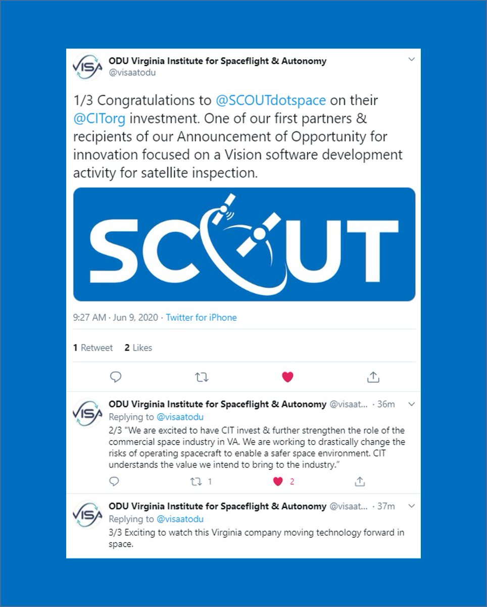 "Exciting to watch this Virginia company moving technology forward in space..." Thank you <a href="/visaatodu/">ODU Virginia Institute for Spaceflight & Autonomy</a> We are thrilled for all involved &amp; proud to play a role in moving important projects like this forward #Virginia #Innovation #Space #VABiz #StartUps <a href="/SCOUTdotspace/">Scout</a> <a href="/CITGAPFunds/">CIT GAP Funds</a>