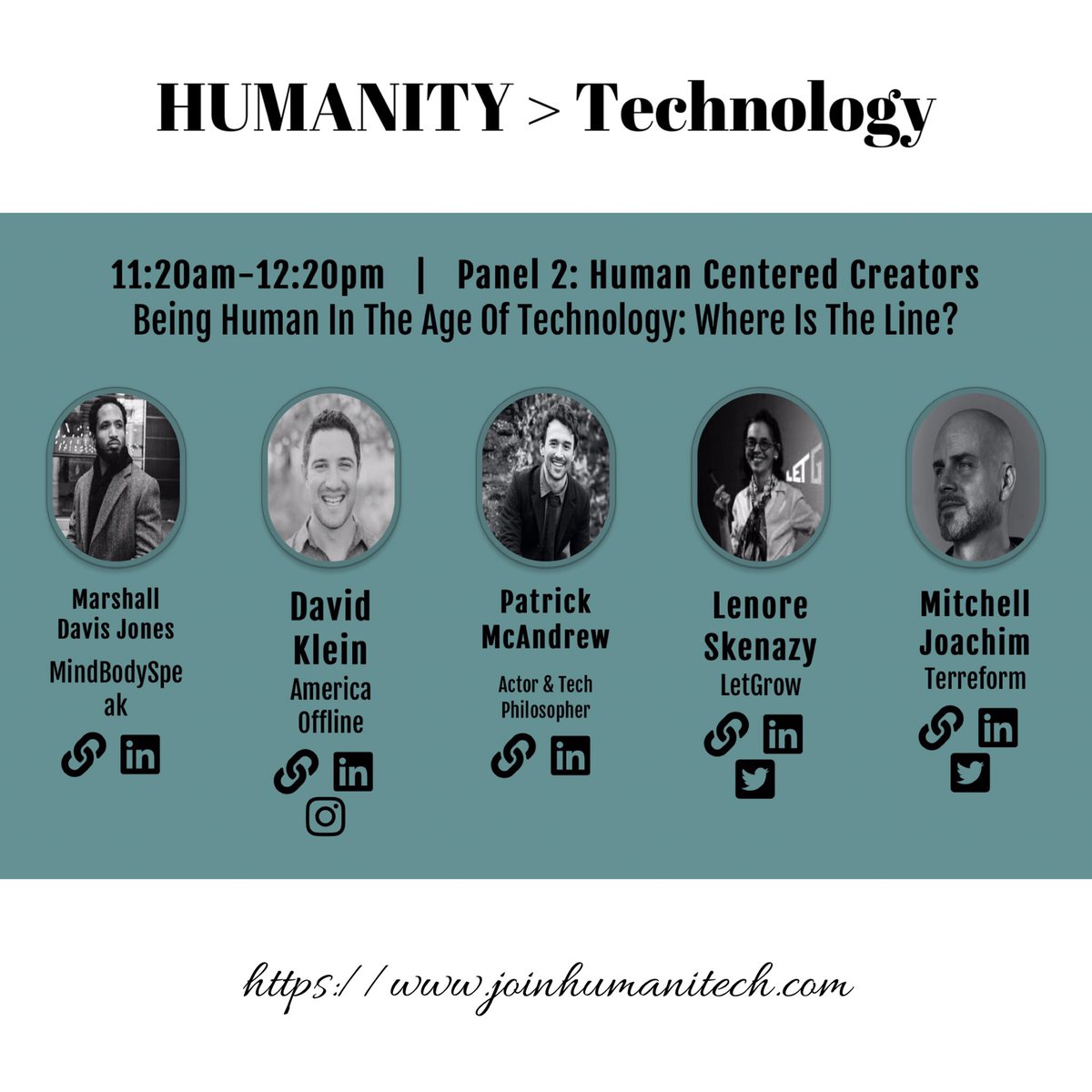 PsycoachTP's tweet photo. Our Panel 2 speakers:

@JonesConnects of Mind Body Speaks
David Klein of @AmericaOffline 
Pat McAndrew, Actor &amp; Tech Philosopher
@FreeRangeKids of @LetGrowOrg 
@MitchellJoachim of @Terreform_ONE 

Join them at #HUMANITECH on June 17th!

#DigiWellConference #DigitalWellness https://t.co/ku4hTjDe8W