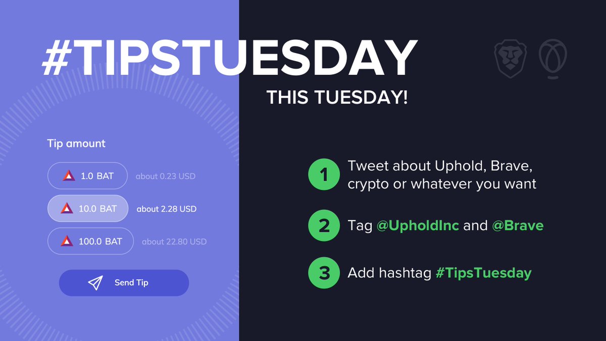 UpholdInc's tweet photo. We're ready for another #TipsTuesday!

1️⃣ Tweet
2️⃣ Mention @UpholdInc and @Brave  
3️⃣ Use #TipsTuesday

If you share an awesome tweet, we might #TipWithBrave. #BAT 😉

Learn more about Brave tips: https://t.co/Spn6Z3cUyl https://t.co/DdObb1fQ2u