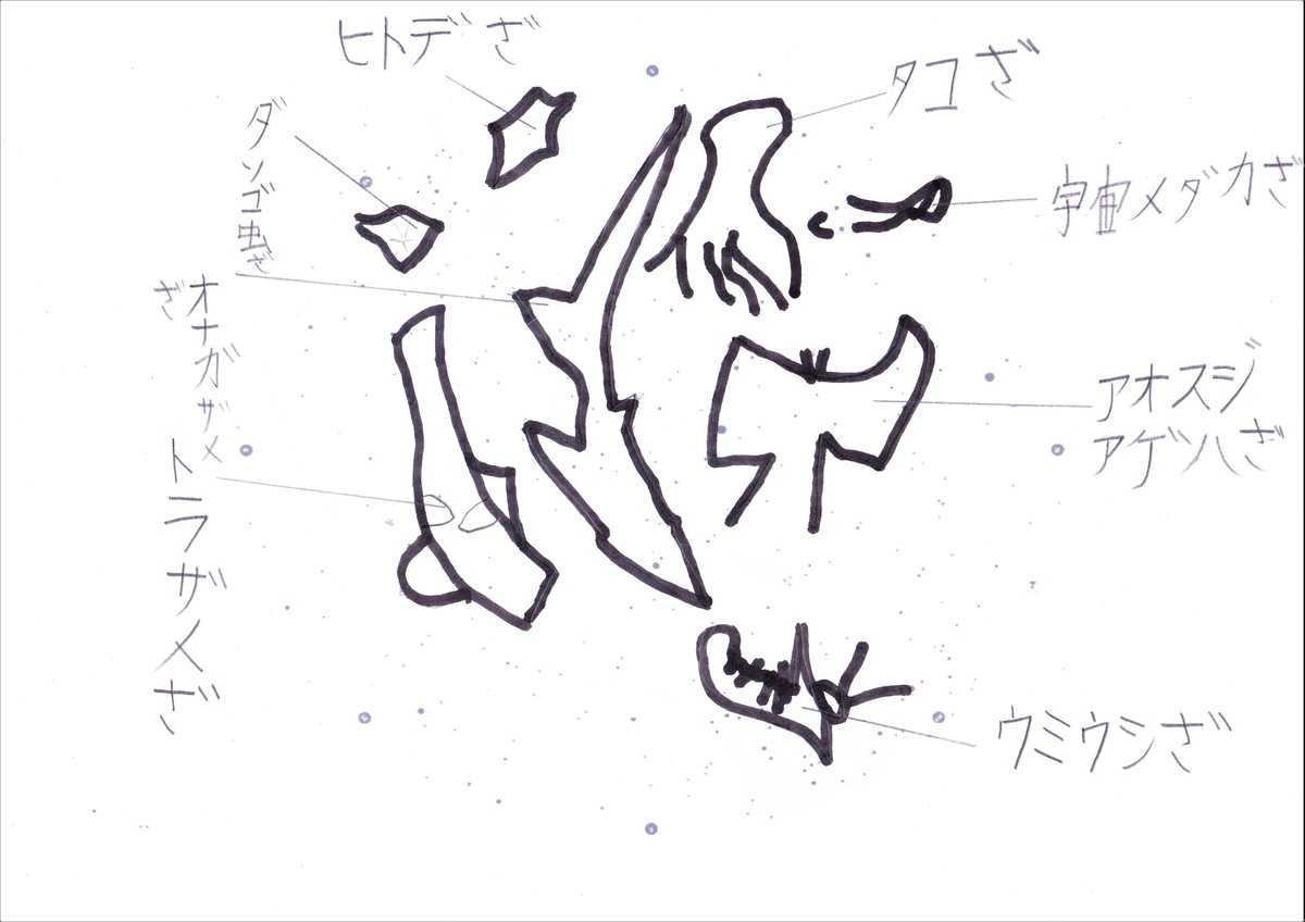 #おうちで宇宙　ミッション②　ニックネーム：Akyu　学年：小2　ぼくが今までつかまえたり、かんさつしたり、食べてしまった生き物を星座にしました。よろしくおねがいします。