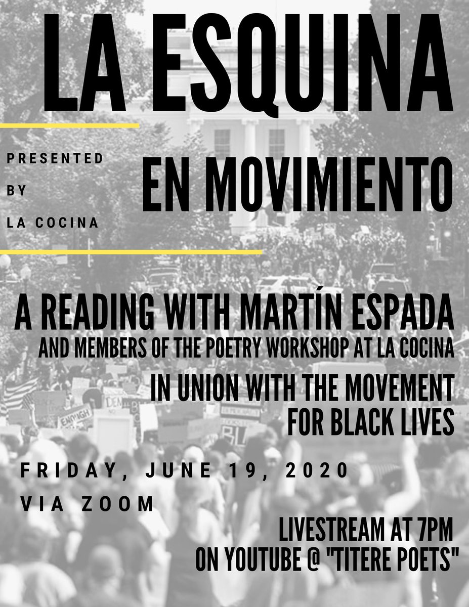 PanConTiteres's tweet photo. Mi gente! June 19th! Join us for a amazing event. Save the date, we will be posting the link as soon as it is live on youtube!
#poetry #laesquina #lacocina #latinx https://t.co/DADYzOkYJi