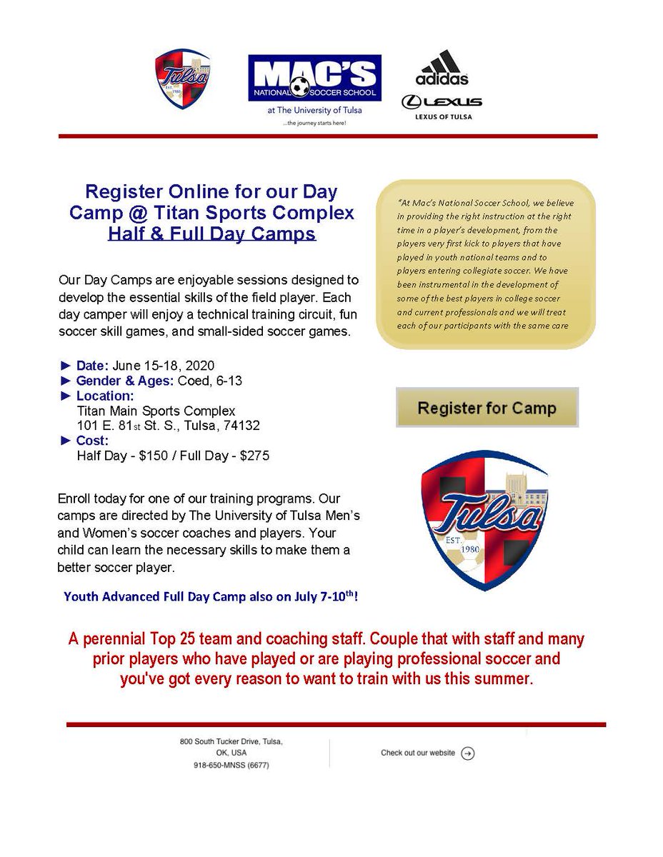Tulsa Soccer Club (@tulsasc) on Twitter photo .<a href="/TulsaMSoccer/">Tulsa Men's Soccer</a> / <a href="/TulsaWSoccer/">Tulsa Women's Soccer</a> camp next week⁉️👀
Register today⬇️
bit.ly/2Urbkbz .<a href="/TulsaMSoccer/">Tulsa Men's Soccer</a> / <a href="/TulsaWSoccer/">Tulsa Women's Soccer</a> camp next week⁉️👀
Register today⬇️
bit.ly/2Urbkbz