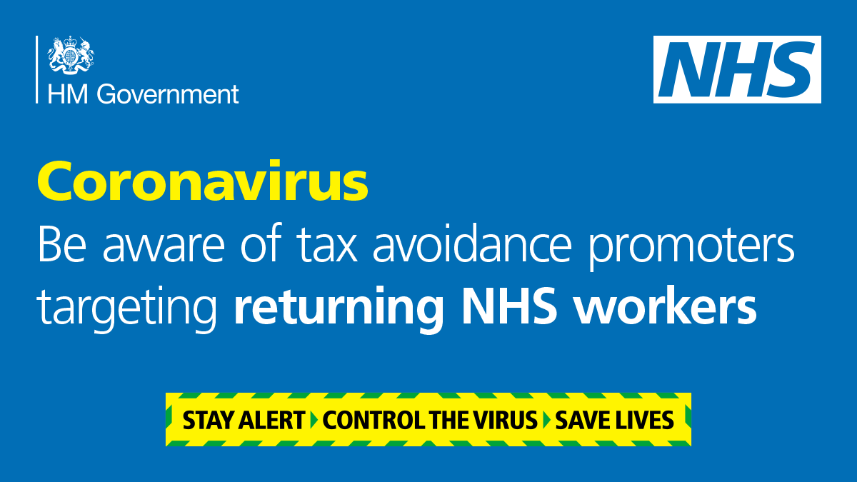 HMRCgovuk's tweet image. We’re continuing to warn returning NHS workers who may be targeted by tax avoidance scheme promoters to steer clear and report them to HMRC for investigation. More information, including examples of how this may be offered, available here 
gov.uk/guidance/tax-a…