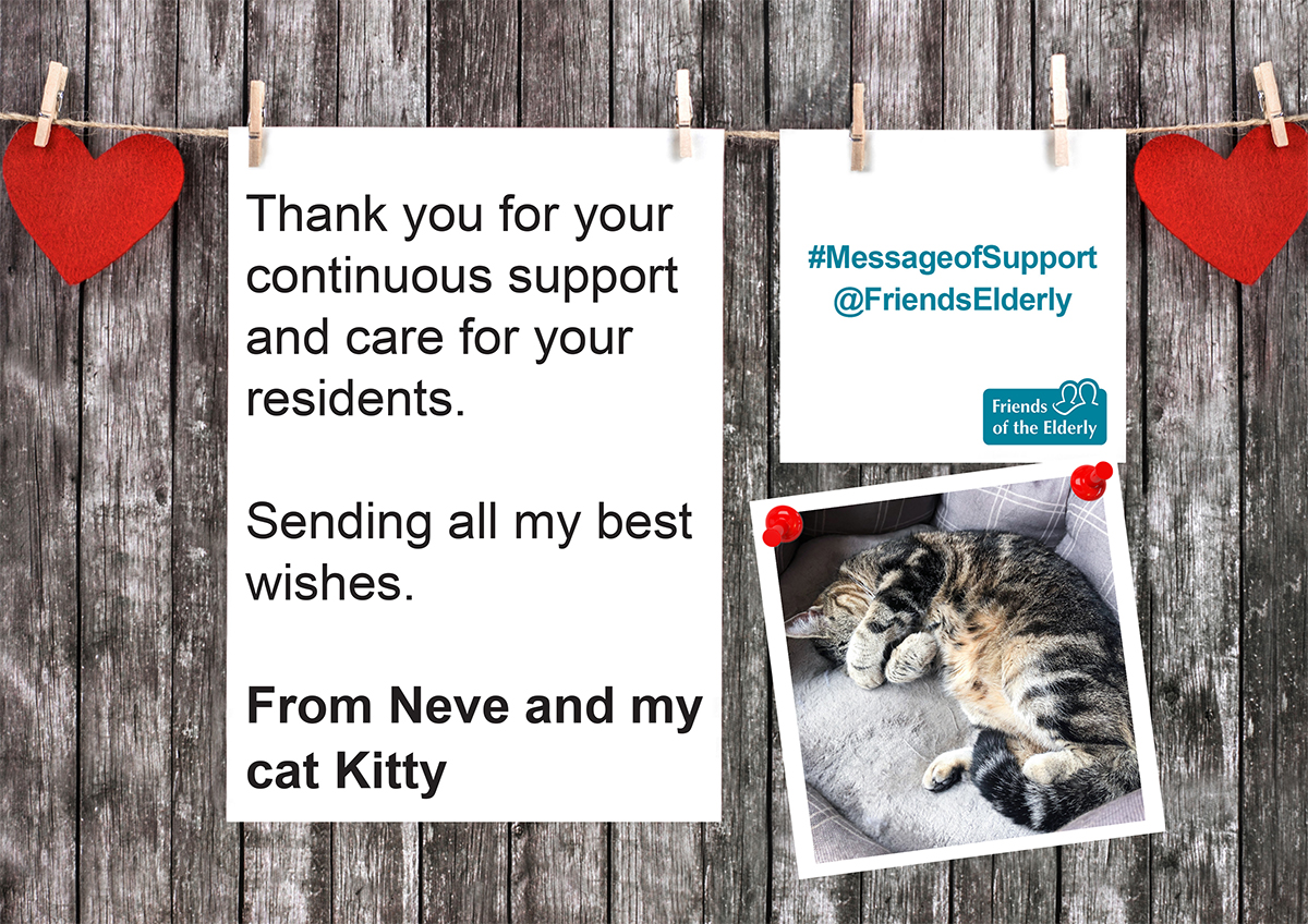 FriendsElderly's tweet image. An adorable #MessageofSupport to our amazing #care teams from Neve and Kitty 😊 You can send your own supportive message to messageofsupport@fote.org.uk. Thank you ❤️