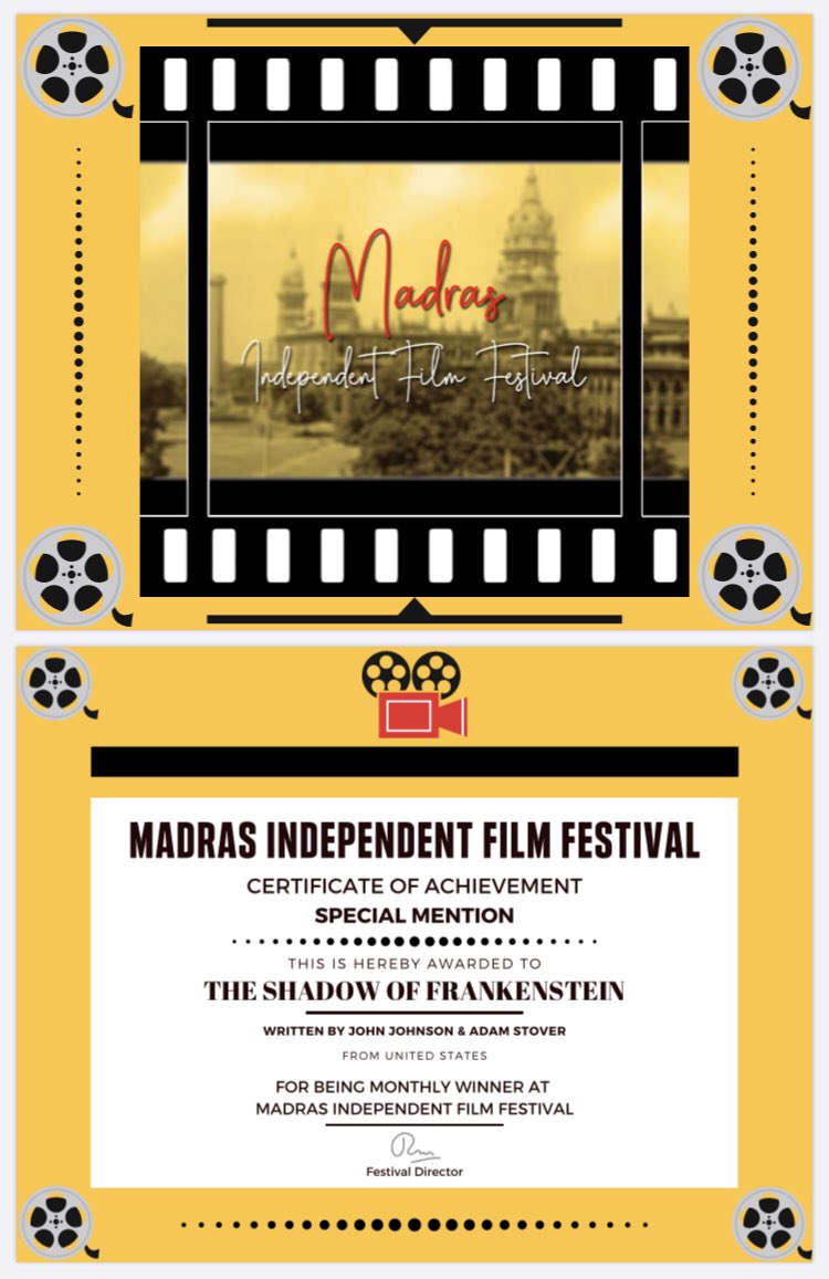 John_Johnson_IV's tweet photo. Excited to announce a special mention for #ShadowofFrankenstein in the Madras Independent Film Festival @FilmMadras.  @adamstover6 and I are honored and happy at the screenplay’s reception. https://t.co/6SBBIauZZA
