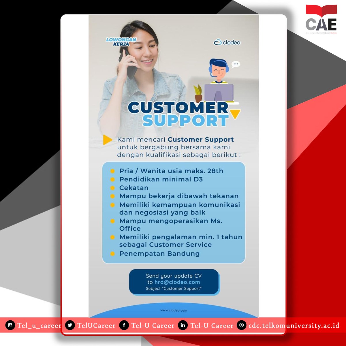 TelUCareer's tweet photo. [FULL TIME]
Clodeo
Posisi : Customer Support

Kirim CV ke :
hrd@clodeo.com
Subject : Customer Support
@clodeo_id

#lowongankerja #lowongan2020 #lowoganterbaru #clodeo #infoloker #telkomuniversity #telucae #telucareer https://t.co/2NlfLJqu1P