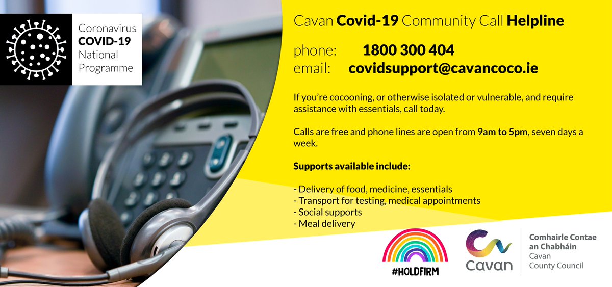 cavancoco's tweet photo. If you're cocooning, vulnerable, or isolated, and need help with essentials, please don't hesitate to contact the Cavan Community Call helpline on 1800 300 404. Calls are free, and lines are now open from 9am to 5pm, seven days a week https://t.co/qW3MInCCkD