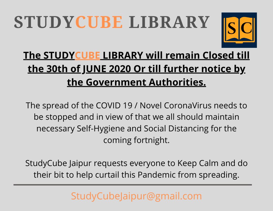 StudyCube1's tweet image. The spread of the COVID 19 / Novel CoronaVirus needs to be stopped and in view of that, we all should maintain necessary Self-Hygiene and Social Distancing.
StudyCube Jaipur requests everyone to Keep Calm and do their bit to help curtail this Pandemic from spreading. #STUDYCUBE