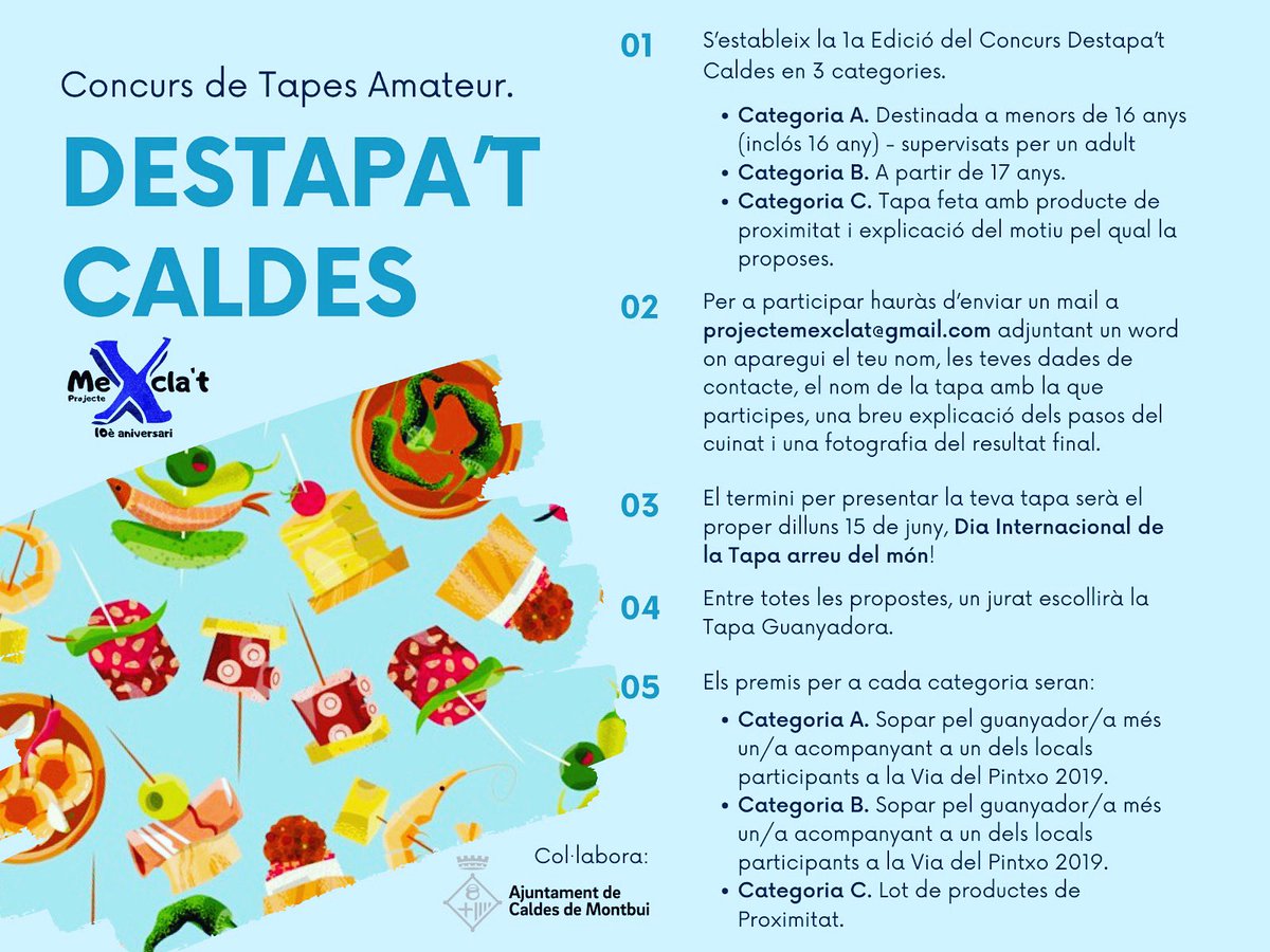 ProjecteMexclat's tweet photo. La setmana vinent celebrem el #DiaMundialDeLaTapa ! I amb les ganes que tenim nosaltres de celebracions i de promoure les rutes gastronòmiques, us volem convidar a participar al #DestapatLG i #DestapatCaldes ! Com? Doncs segueix les instruccions de les infografies! https://t.co/3kPyt3BqgZ