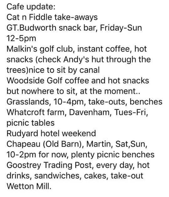 Update on some local cafes open for takeaways if you’re out on a socially distranced bike ride