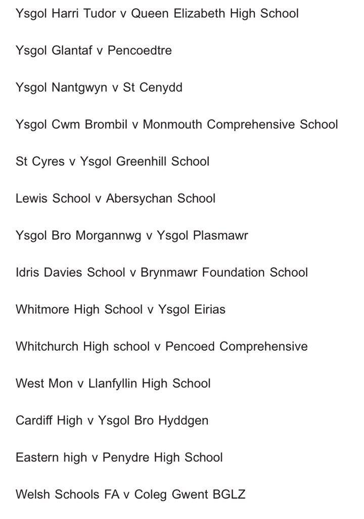 WelshSchoolsFA's tweet photo. Welsh Cup Fifa 2020 tournament first round draw

Games to begin on Friday- players will be contacted via Discord and we we will publish here https://t.co/5tBzlC0fpI